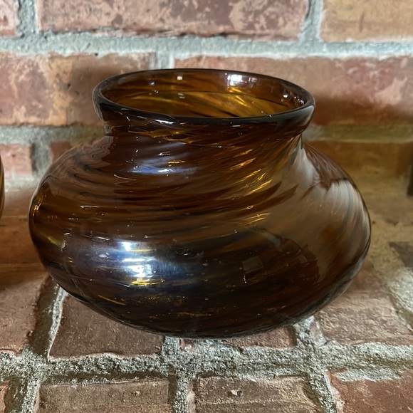 Vtg Hand Blown Amber Optic Swirl Glass Vase Trinket Bowl Set of 2 - Picture 3 of 11